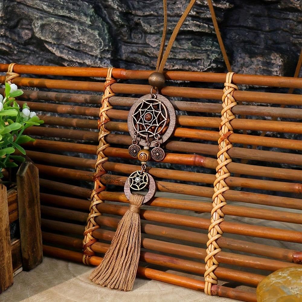 1pc Boho Vintage Wooden Tassel Necklace, Polka Dot Charm Pendant, All-Season Daily Wear Accessory for Women, Carnival Hippie Festival Jewelry