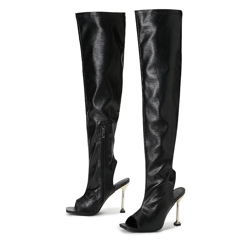 Maogu Sexy Open Toe Stripper Heels White Booties Fashion Motorcycle Shoes Women Pumps Leather Thigh High Over The Knee Boots 42