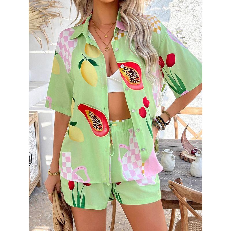 Printed Collar Shirt Casual Shorts Set Print Lapel Shirts Shorts Set