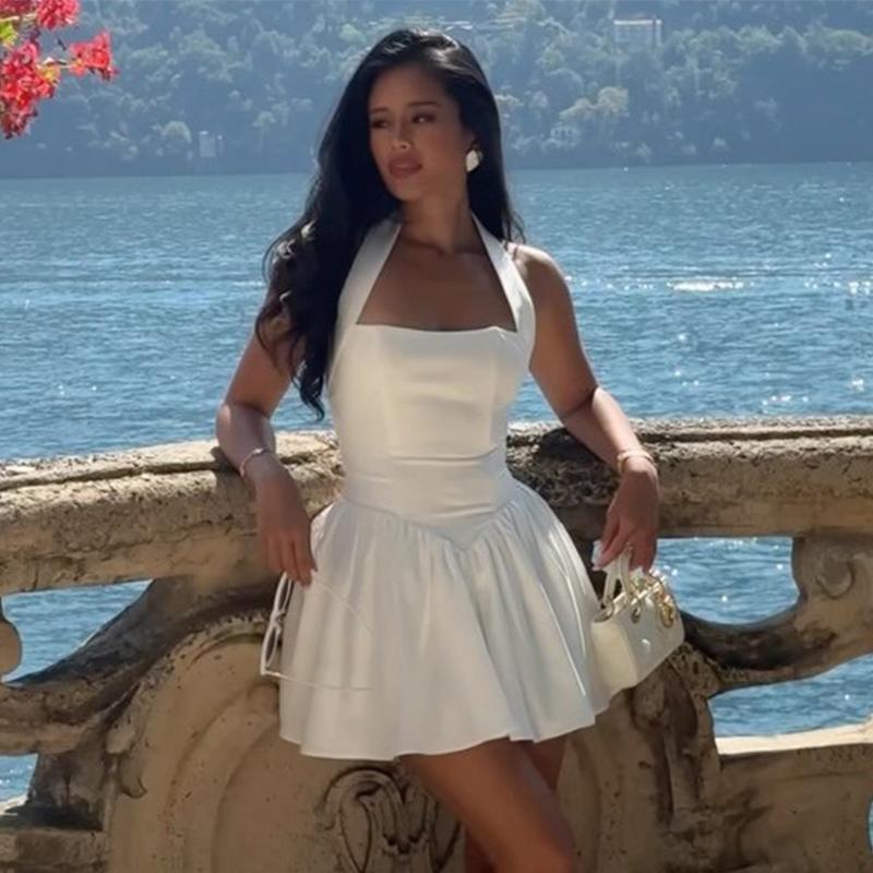 Elegantes einfarbiges Neckholder-Mini-Kleid Damen Hipster Sexy Wickelbrust Rückenfrei Skinny A-Linien-Kleider 2025 Sommer Party Clubwear