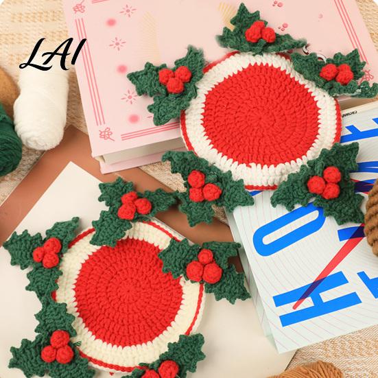 Festive Christmas Home Decor Crochet Cup Coasters with Mini Basket Handmade Holly Plants Starter Kit Hooks Berries Mat Set for Drinks Tabletop
