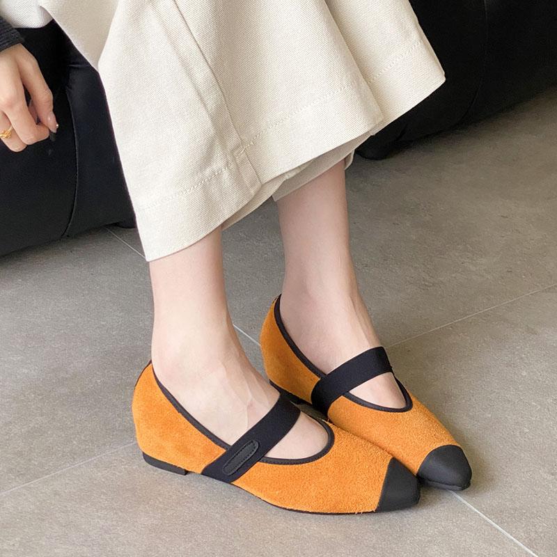 Fashion Cute Mixed Color Fauxe Suede Mary Jane Shoes Women Internal Height Increase Design Flats Elastic Strap Ballet Shoes for Women