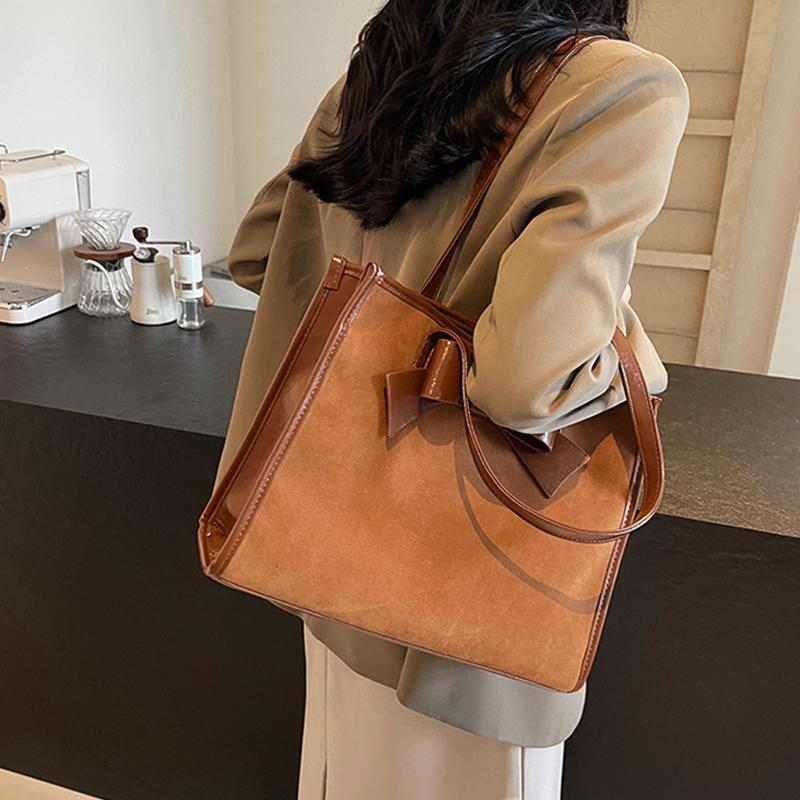 Luxury Red Bridal Tote Bag Retro PU Suede Splicing One Shoulder Bags Autumn Winter Women Sweet Bow Large Capacity Handbags