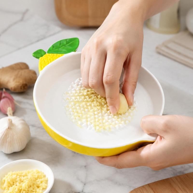 Manual Porcelain Grating Dish for Garlic and Soft Produce with Textured Face and Transfer Lip for Daily Cooking Use