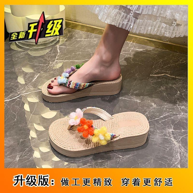 Thai style flower thick-soled flip-flops female ins2025 seaside vacation beach shoes Xishuangbanna pinch sandals