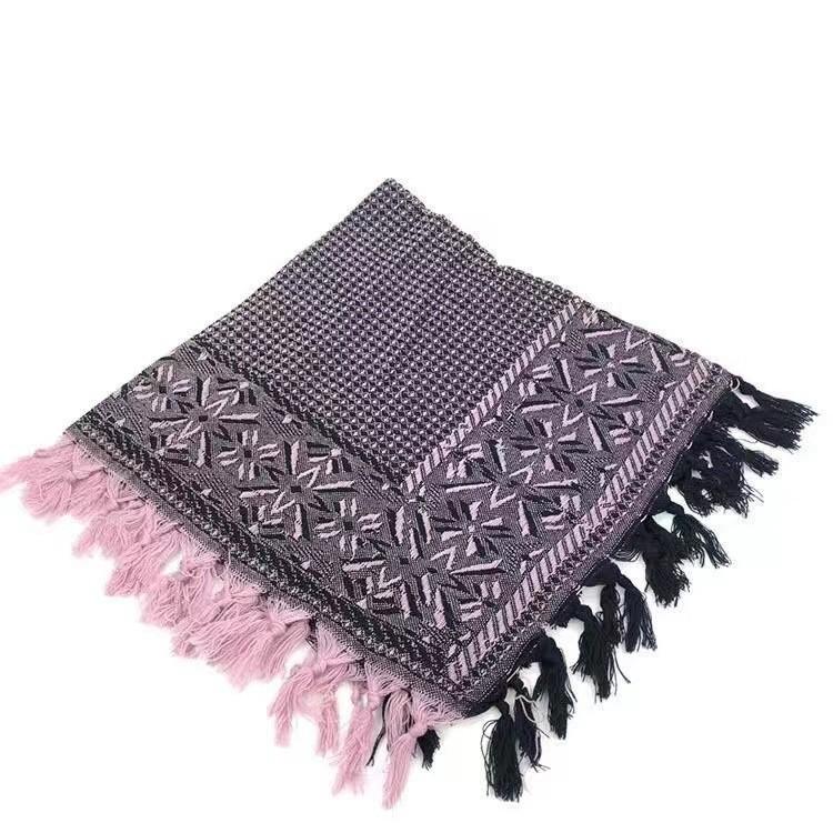 Traditional Elderly Woman Headscarf With Woolen Knit Square Pattern For Rural Farm Photoshoot
