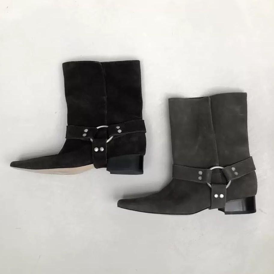 Retro Niche Square Toe Belt Buckle Folding Two-piece Mid Length Boots Women with Thick Heels Western Cowboy Boots