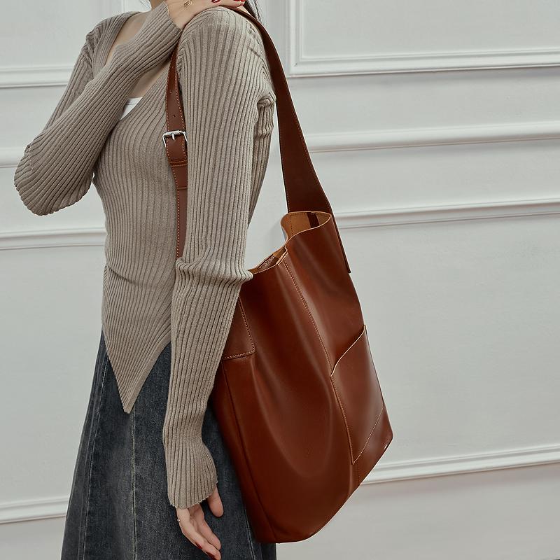 HIFASHION Cowhide Genuine Leather Bucket Tote Bags For Women 2026 Large Capacity Office Work Handbags Simple Shopping Hobo Purse
