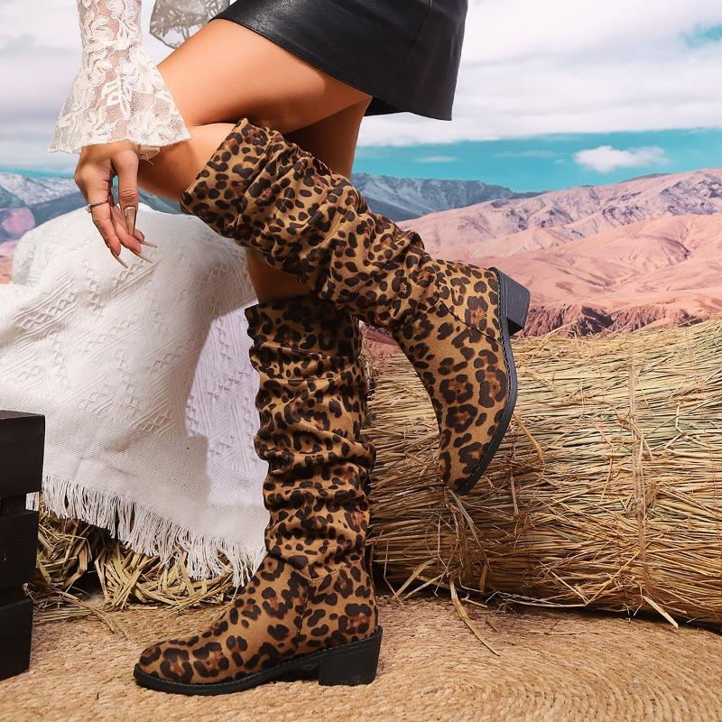 2025 New Leopard Print Flat Heel Round Toe Mid-heel Thigh Boots Heightened Plus Size Fashion Boots