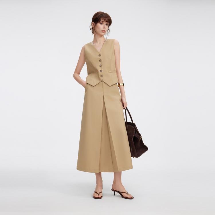 ELLE French Style Split Solid Color High Waist Midi A-Line Skirt Wool Casual Long Skirt Women skirts Light-Khaki ER50571