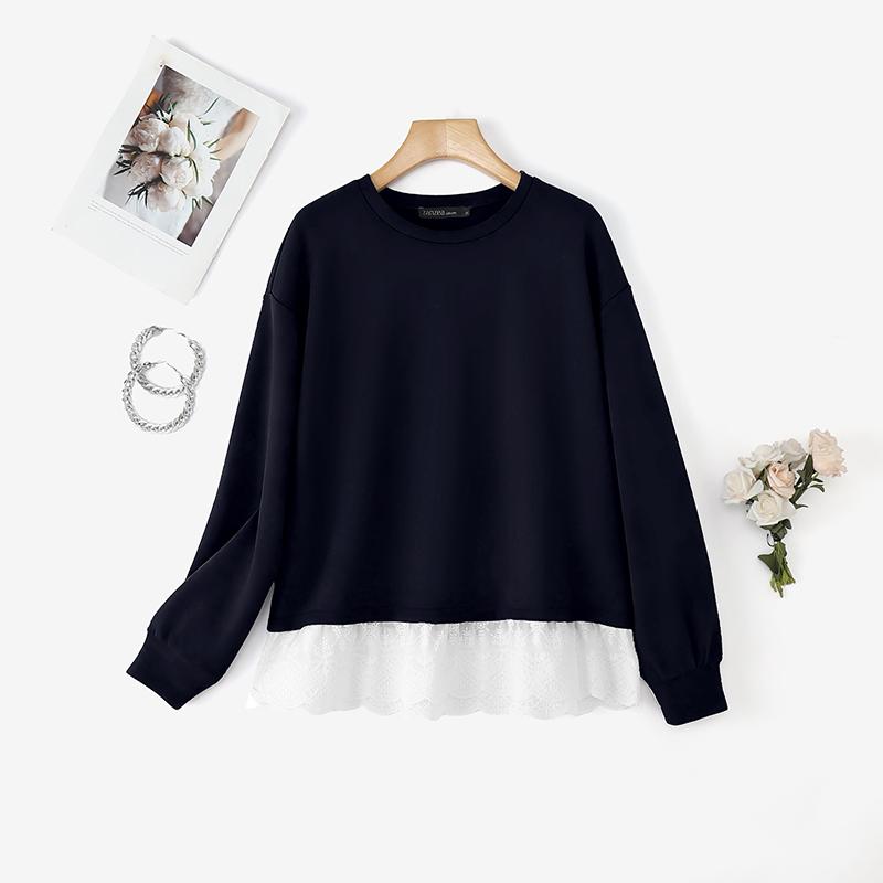 

ZANZEA Женские повседневные топы-пуловеры с круглым вырезом, длинными рукавами и комбинированным низом для осени 5XL темно-синий