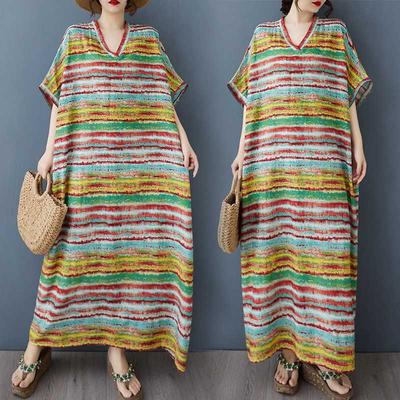 Ladies' V-neck Vintage Long Skirt Cotton Linen Dress