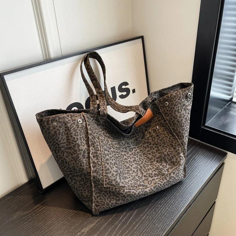 Oversized Leopard Prints Shoulder Bags For Women Deformable Canvas Large Capacity Shopping Totes 2024 Winter New Luxury Handbags