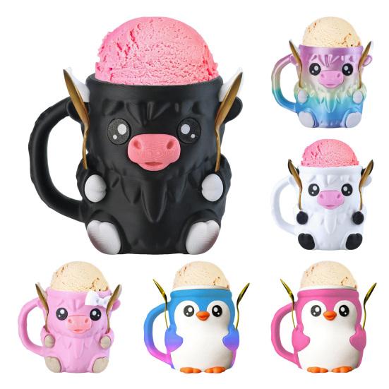 Highlandskveg Iskrem Pint Holder med 2 Skjeer Pingvin Iskremholder Gjenbrukbare Popsicle Beholdere Ølboksholder for Kjøkken Kafé Restaurant