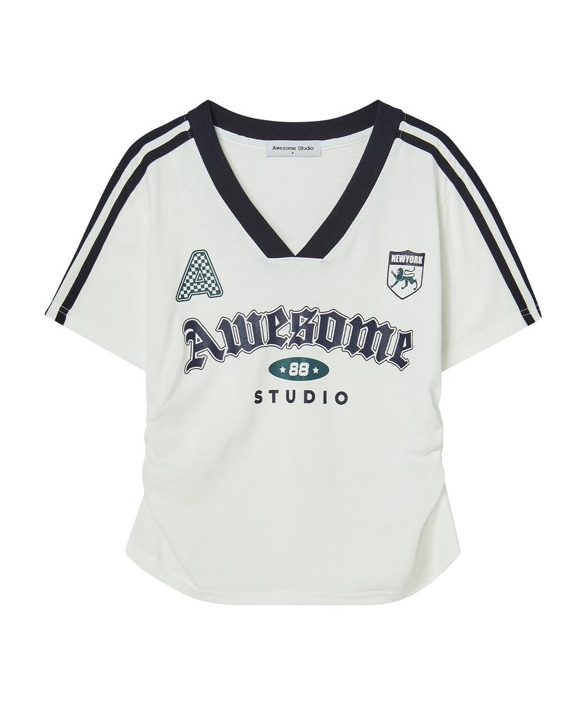 AWESOME STUDIO Short Sleeve Blockcore V-Neck Shirred T-Shirt Ivory
