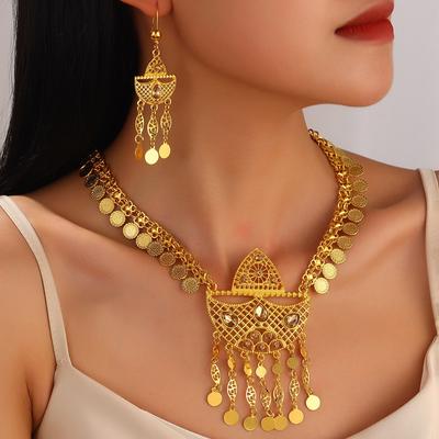 Geometric Hollow Carving Coins Tassel Necklace Earrings Women Statement Jewelry Set