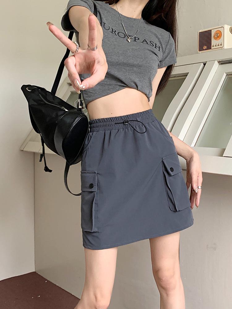 Women's A-line Grey Drawstring Midi Skirt - Slimming, Elastic Waist, Summer Casual Workwear