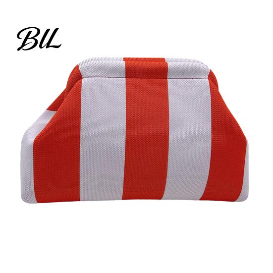 Kiss Lock Clutch Purse Woven Striped for Woman, Large Capacity Cosmetic Pouch, Portable Knit Dumpling Bag, Handbag Evening, Party Toiletry Bag