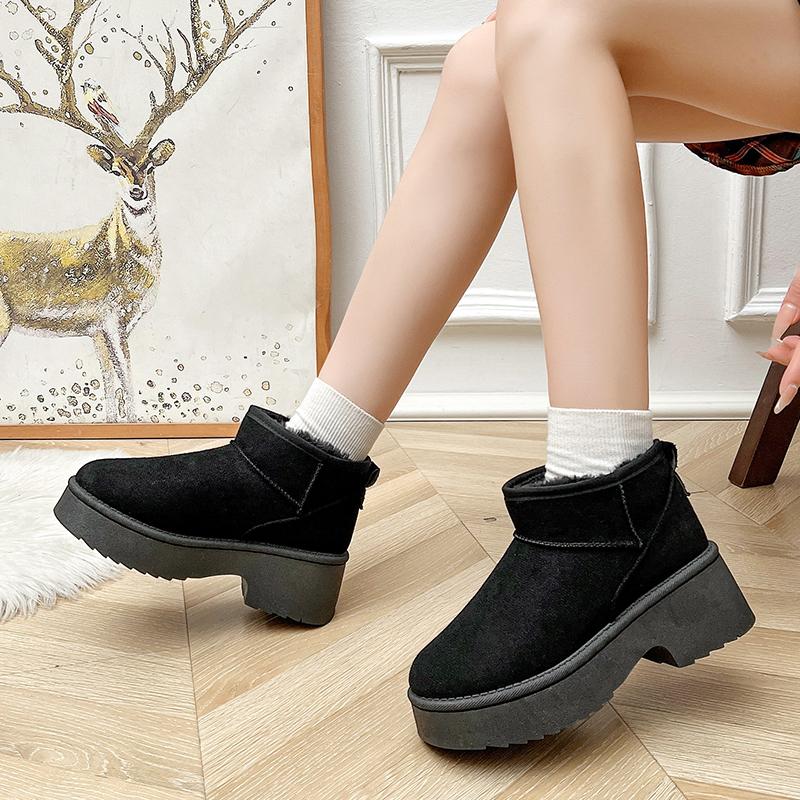 Block Heel Platform Snow Boots Women's Fashion Round Toe Suede Deep Mouth Plus Suede Non-Slip Shorthole Boots