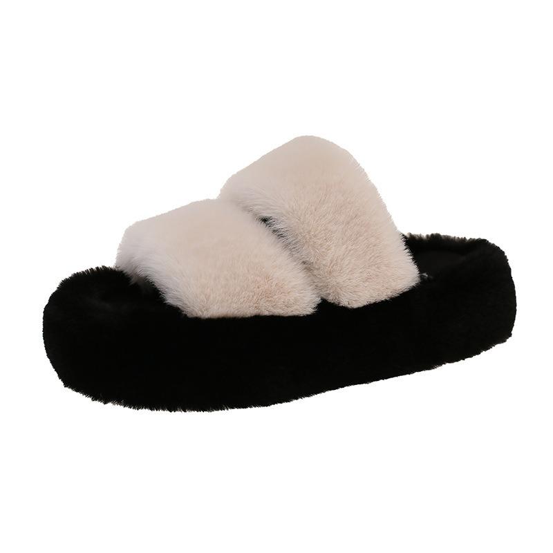 Wool slippers women wear new trendy women's shoes in autumn, one-line platform plush cotton slippers for women