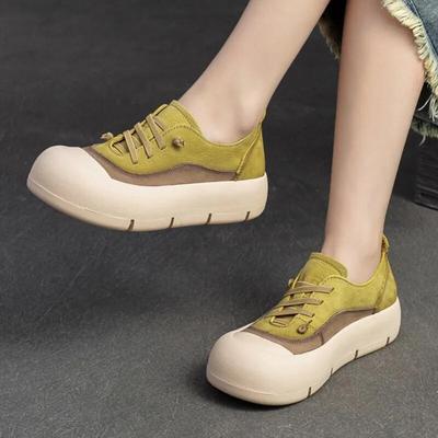 Genuine Leather Casual Thick Sole Flat Shoes Round Toe Colored Versatile Forest Women's Shoes