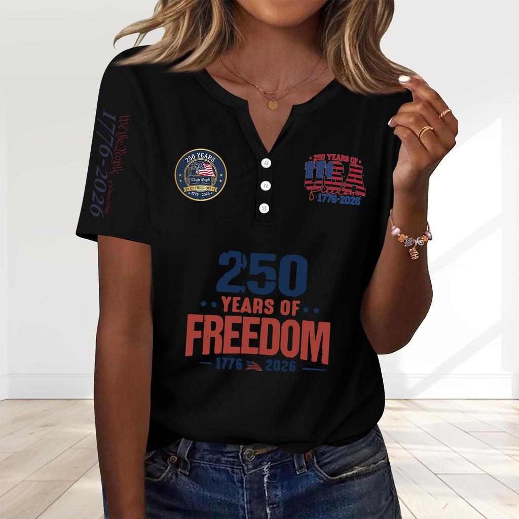 Women's Fashion Casual 250th Anniversary Independence Day Print V-Neck Short Sleeve Decorated Button-Up T-Shirt