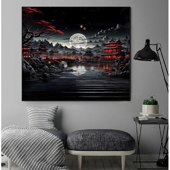 OIOVOIO Japanese Riverside Tapestry,Mountain Forest Nature Tapestry for Bedroom,Black and White Moon Landscape Wall Hanging,Aesthetic Anime Art Decor