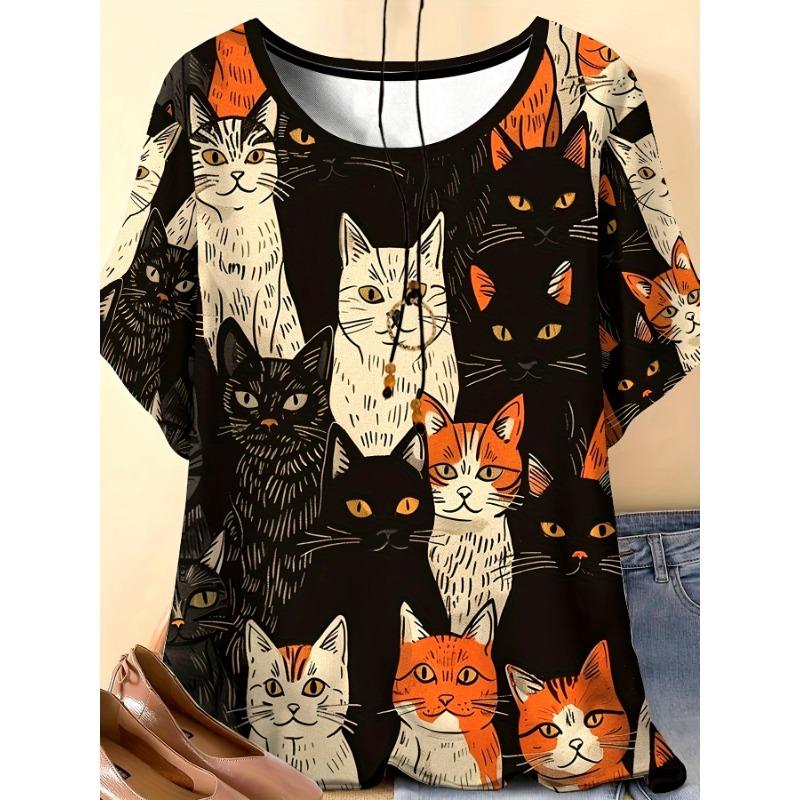 

Large Size Women s Round Neck T-shirts in Various Colors with Various Cat 3D Printing Patterns S