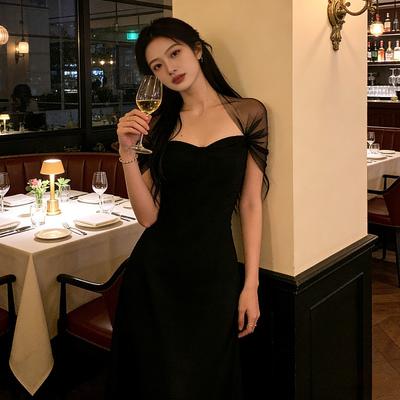 Nuovo Elegante Abito Lungo Nero con Maniche in Rete Off-the-Shoulder per Donna Vita Alta Vestibilità Slim Fit Linea ad A Maxi Abito Formale per Ospite di Matrimonio Abito da Cocktail Viaggio in Spiaggia