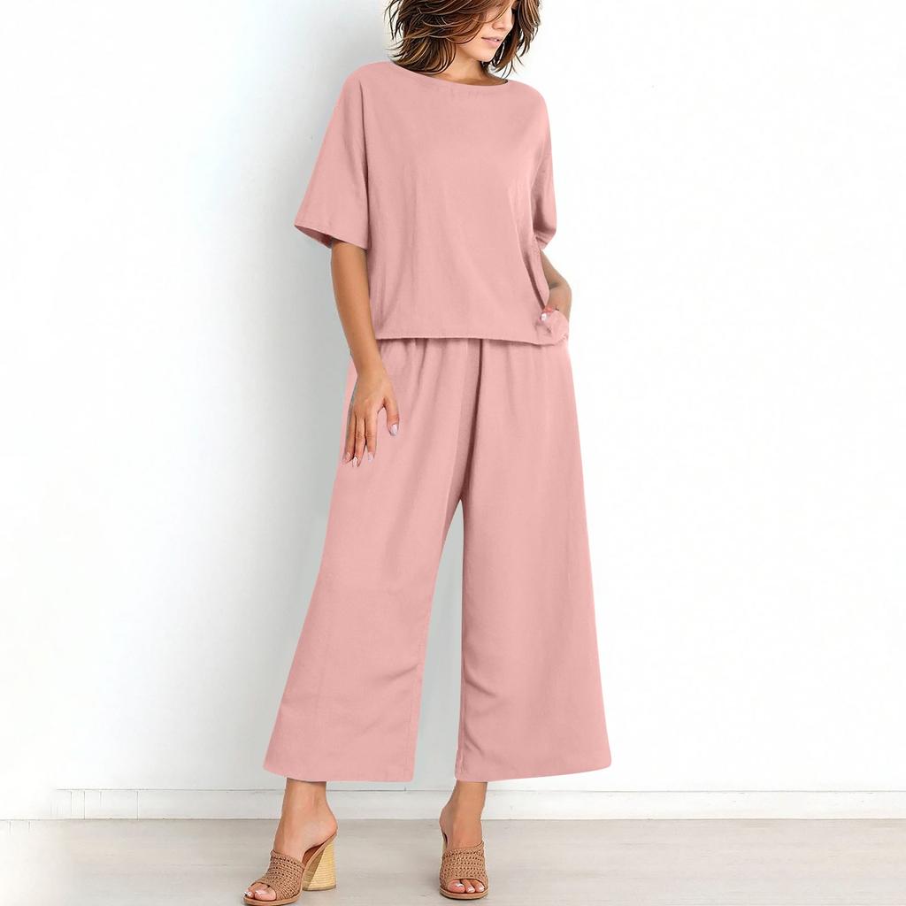 Women's Casual Fashion Sexy Long And Short Sleeve Pullover Shirt Round Neck Literary Retro Color Casual Split Suit