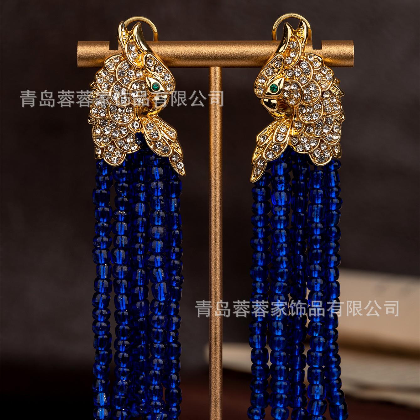 

Antique Studded Owl Bead Tassel Niche Unique Luxury Earrings 2025 New Enamel Art Style синий