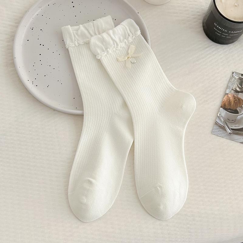 Bow Lace Cartoon Pile Off-White Mid-Calf Socks - Autumn Trendy Accessories for Kids