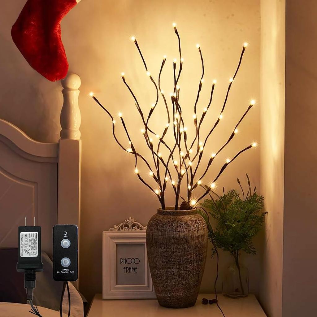 PEIDUO Lighted Brown Branches with Timer, 30Inch 3PK 60 LED Pathway Lights, Willow Branch Lights for Home Decorations Indoor Apartment Outdoor Stake