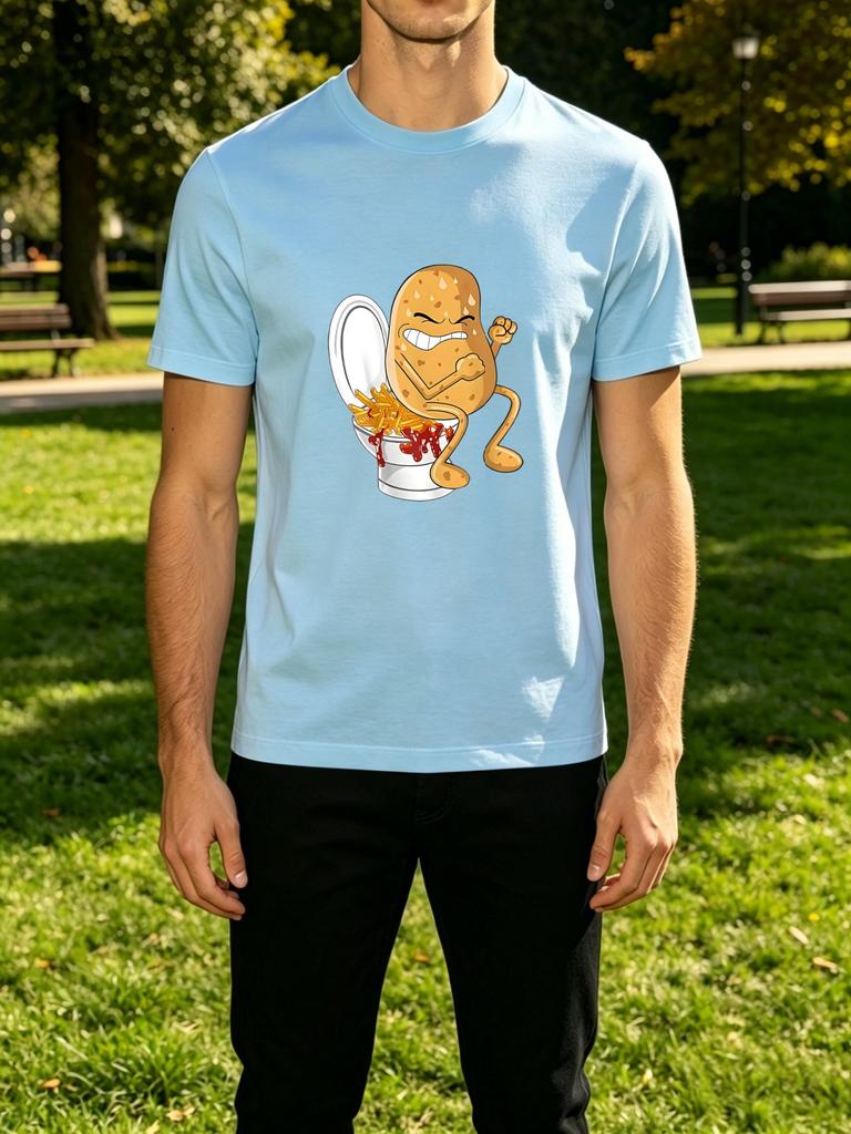 Funny Potato Pooping Fries Toilet Cartoon Front Graphic Print Unisexs Crew Neck Short Sleeve Tee Casual Daily Soft Basic Wear Top