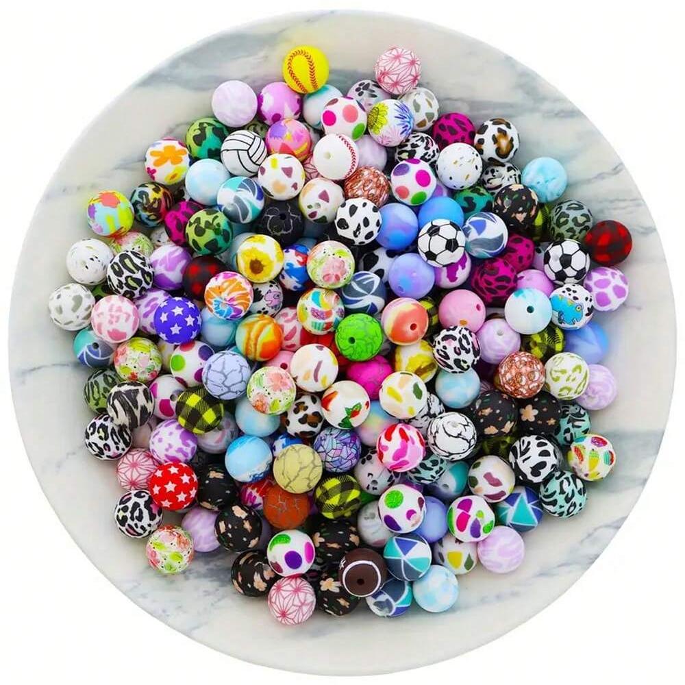 10/10pcs 15mm silicone beads with various styles of printed patterns, perfect DIY bead handmade accessories, fashionable jewelry