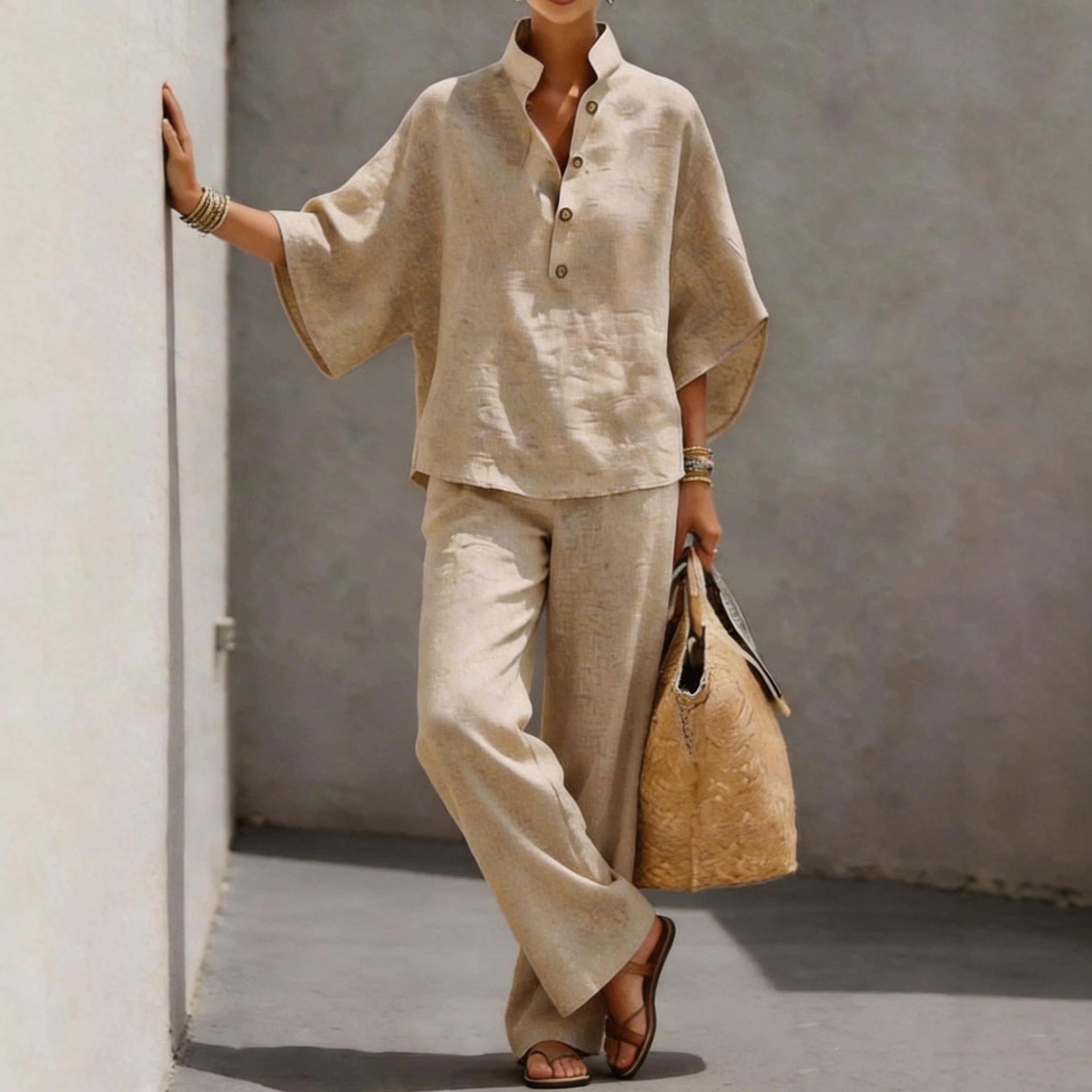 European and American cross-border women s clothing 2026 independent station spring and summer new women s cotton and linen shirts, tops and pants S
