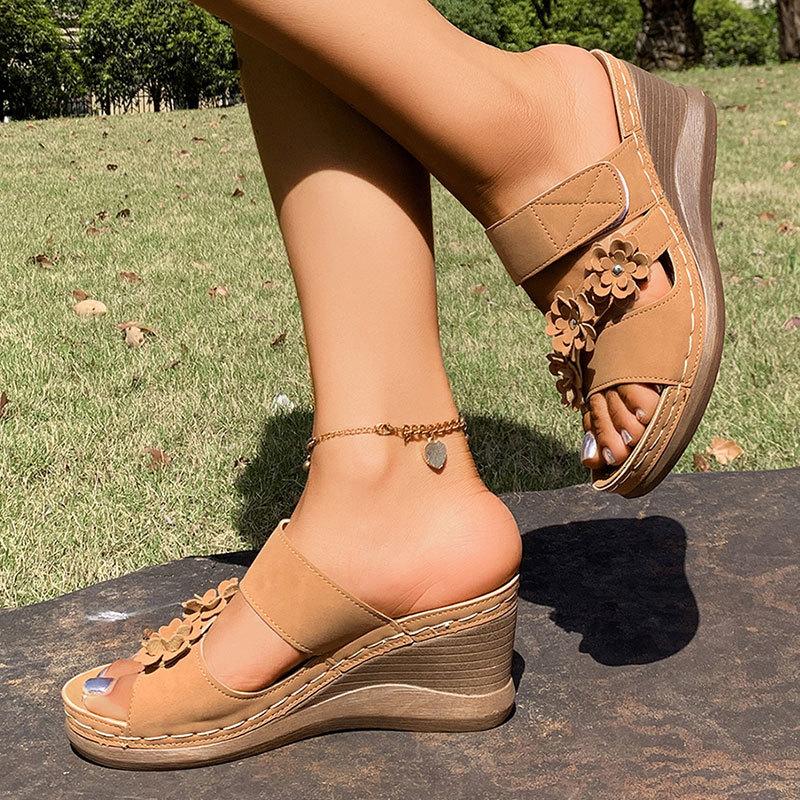 Mode Damen Retro Blumen Dekor Keilsandalen Übergröße 42 Komfort Rutschfest Strand Hausschuhe Dicke Sohle Klobige Plateau Römische Sandalen