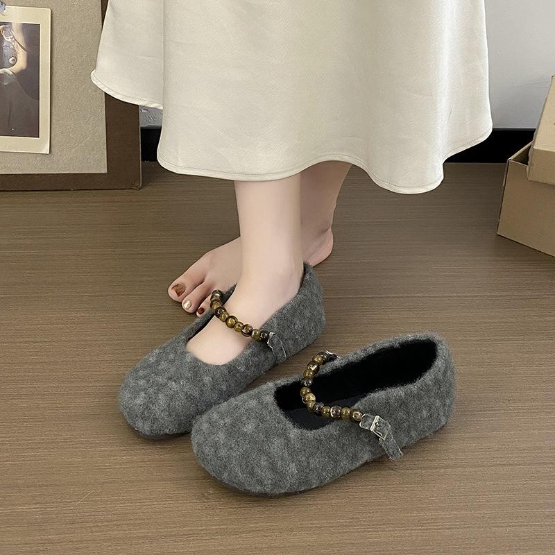 French Flat-bottomed Fairy Wind Lamb Wool Round Head Pearl Word with Fluffy Shoes Women Wear Autumn and Winter New Cotton Single Shoes
