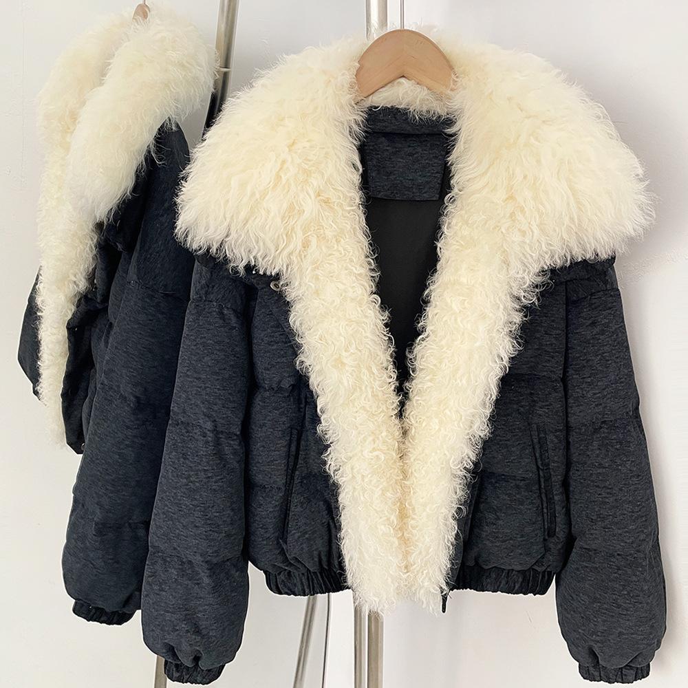 Europe, America, autumn and winter new real lamb wool collar short white duck down jacket fur jacket fashion thickened warm