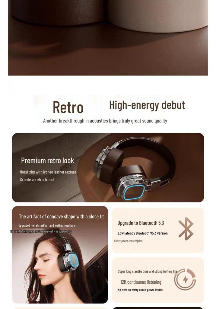 Retro Wireless Bluetooth Headband Earphones with Mini Card Slot, Heavy Bass, Noise Cancelling, and Gaming Support.