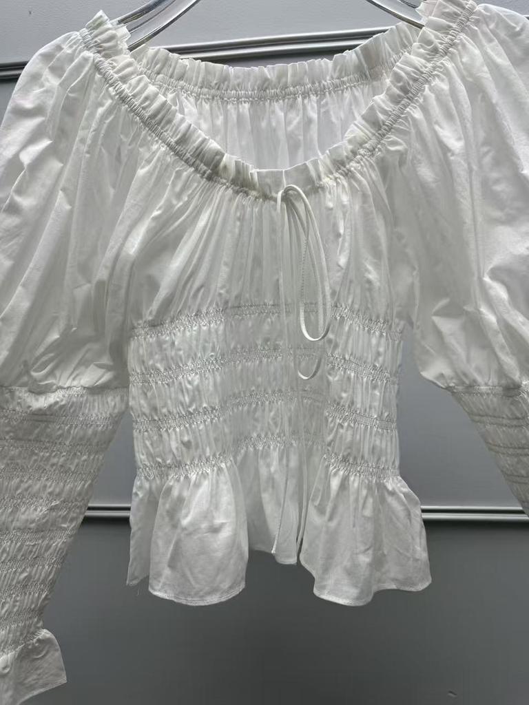 Elegant French Niche Spring Outfit: Puff Sleeve Drawstring Top & Skirt Set