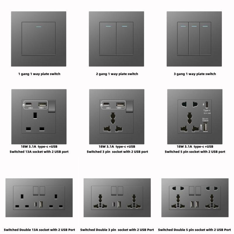 UK Grey 86 Panel 13A Household Wall Power Switch Socket, with USB, 220V Universal Socket, 18W Type-C Fast Charging Socket,