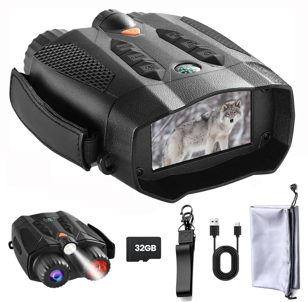 Koolertron Night Vision Goggles, Rechargeable, 5W IR Night Scope, Digital Night Vision, 10x Zoom, FHD 3-inch Screen, Illumination Light, 32GB TF Card