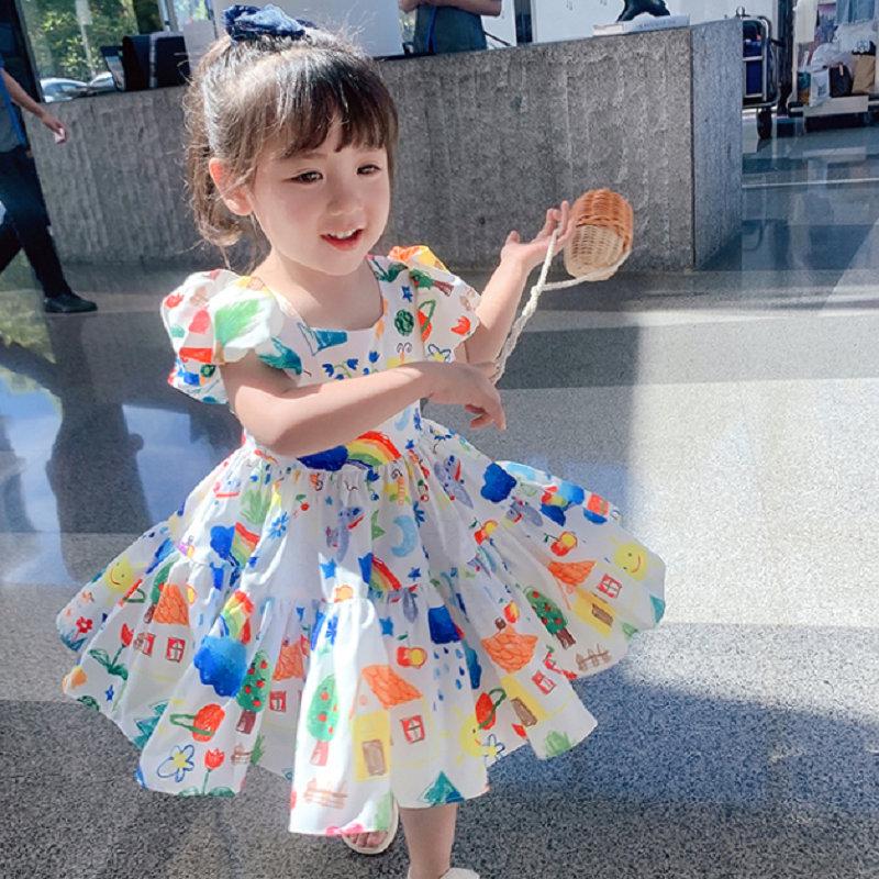 

Girls Dress Floral Puff Sleeve Dress Princess Dress Summer New Children s Clothing for Ages 3-8 2XL білий