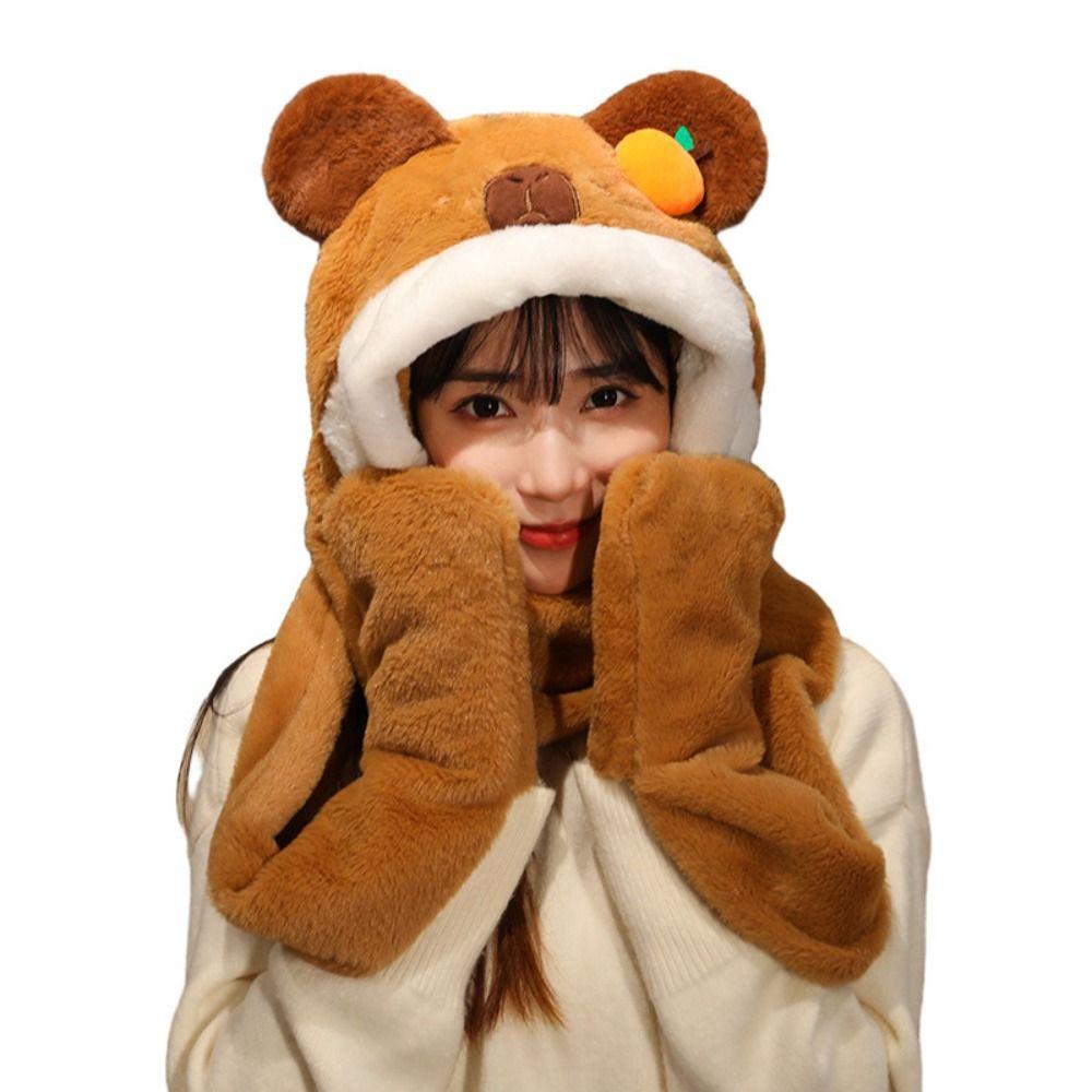 Plush Hat Scarf Gloves Set Thickened Cartoon Neck Hat Cute Capybara Beanie Cap