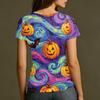Damen Halloween Print Kurzarm Hals Locker Sitzendes T-Shirt für Party Freizeitkleidung