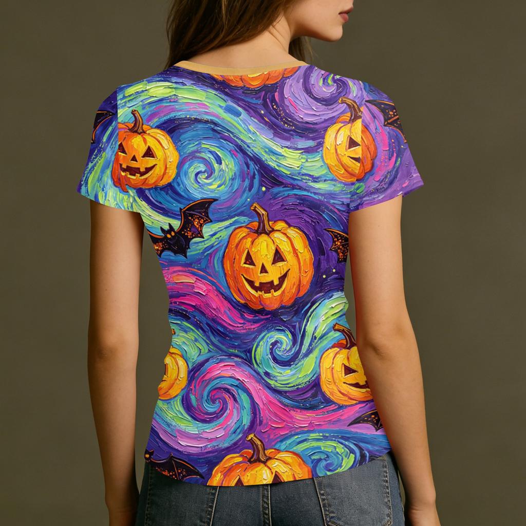 Damen Halloween Print Kurzarm Hals Locker Sitzendes T-Shirt für Party Freizeitkleidung