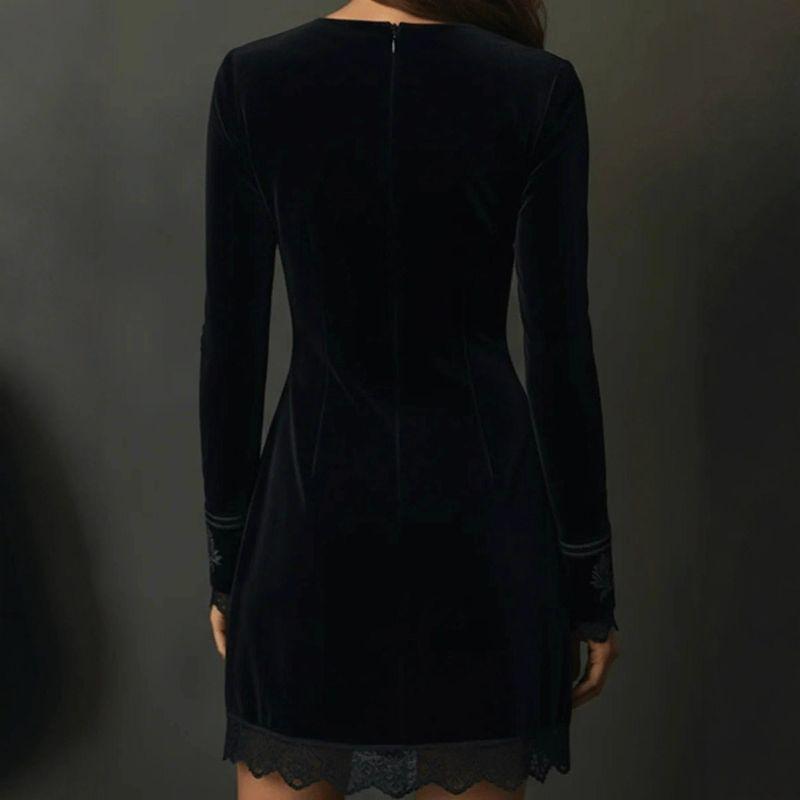 2025 Independent Foreign Trade Cross-Border European and American Retro Style Velvet Embroidered Lace Trim V-Neck Long-Sleeve Mini Dress