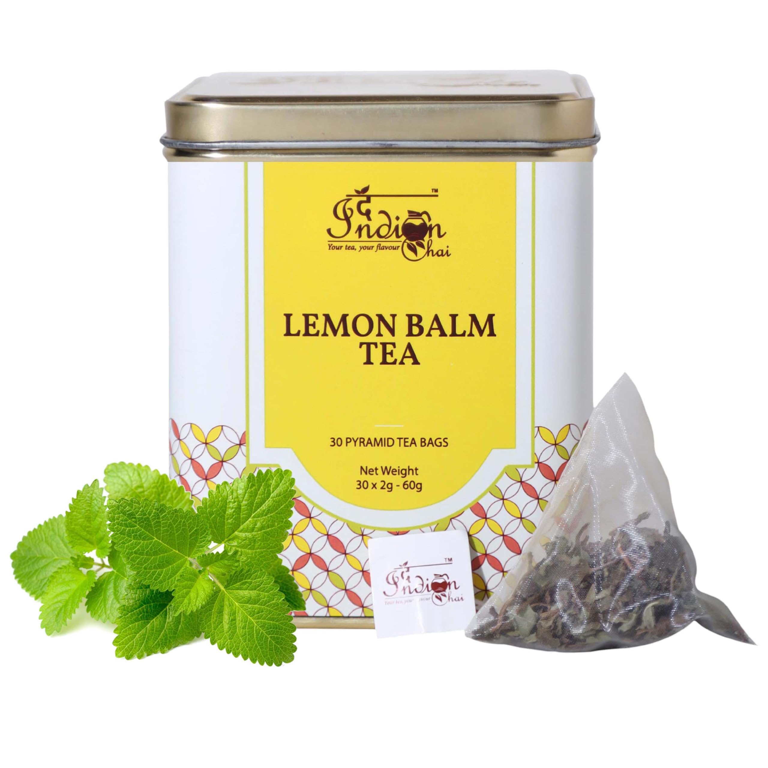 The Indian Chai Lemon Balm Tea (30 Pyramid Tea Bags) | Relieves Stress & Anxiety | Helps With Insomnia Sleep Quality | Herbal Tea | Refresh