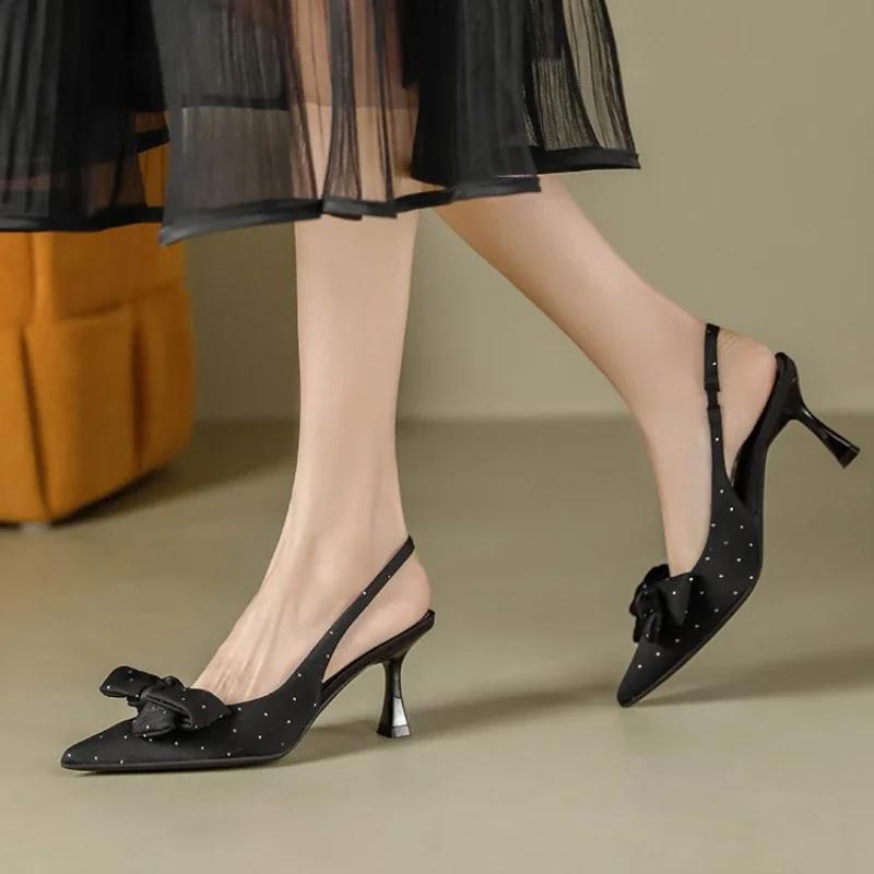 Bow Patent Leather Slingbacks Heels  New Temperament Women Stilettos Shoes Elegant Pointed Toe Loop Strap Pumps For Woman